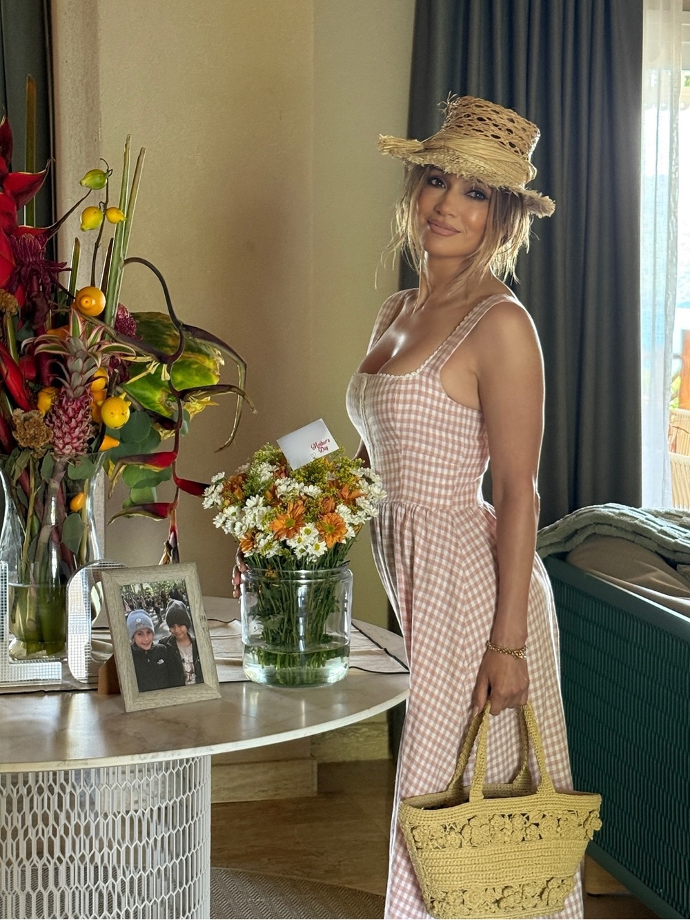 Reformation Tagliatelle Linen Dress in Blush Check